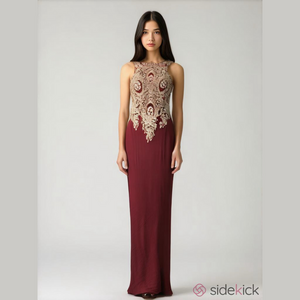 Let's Prom Maroon Halter Dress Gold Applique Lace Bead Sequin Small